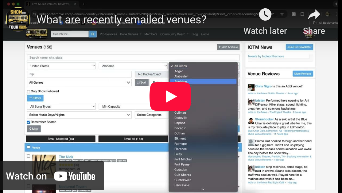Recently emailed venues